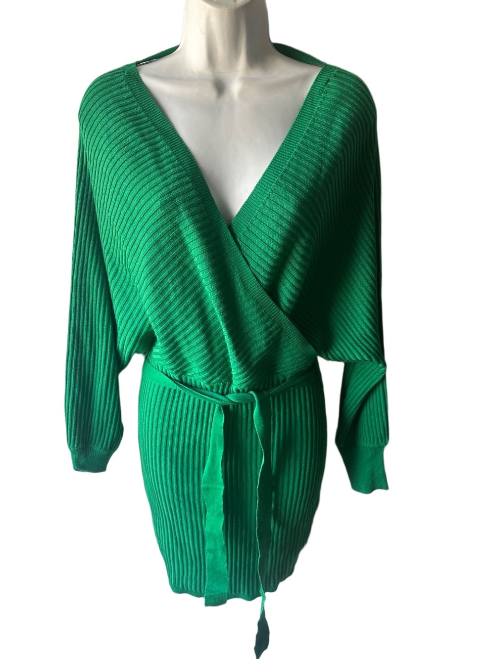 Love Tree Green Ribbed Sweater Dress Size M Surplice V Neck Tie Belt Midi